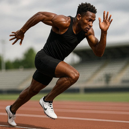 african american male athlete running on track and field during race