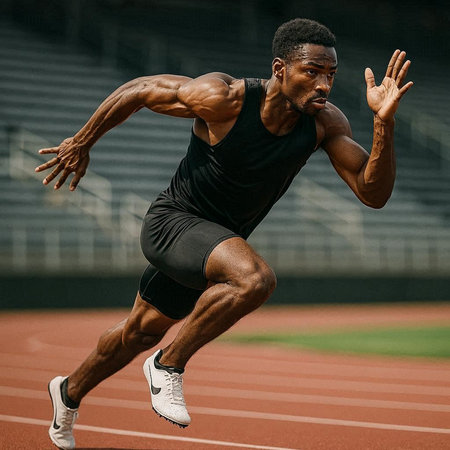 Athletic African American man in black sportswear running at the stadium.