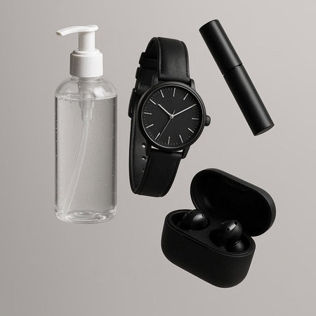 Wristwatch, perfume and earphones isolated on gray background.