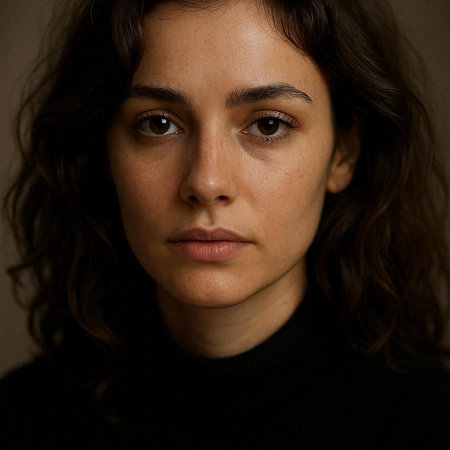 Portrait of a beautiful brunette woman in a black sweater.の写真素材