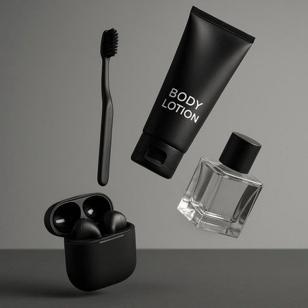 Mascara, toothbrush and black perfume bottle on grey background