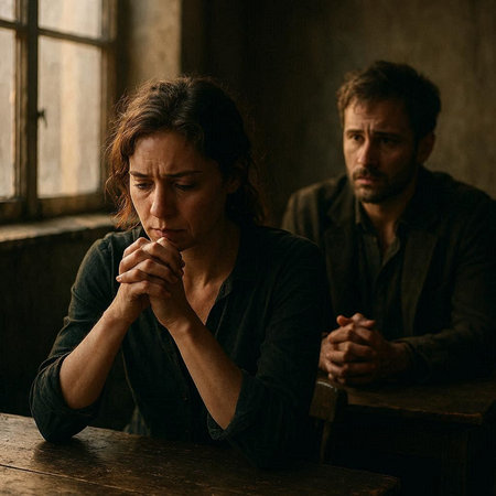 Worried man and woman sitting at a table in a dark room