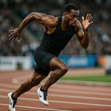 Athlete in action during a track and field competition at the stadium.