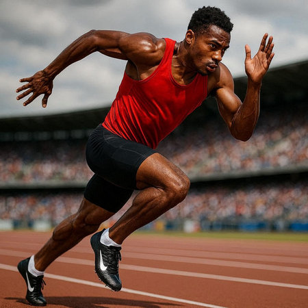 athlete running on track and field, competition and healthy lifestyle concept