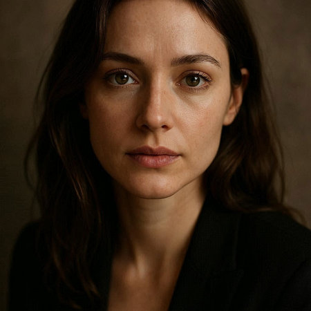 Portrait of a beautiful brunette woman in a black suit.