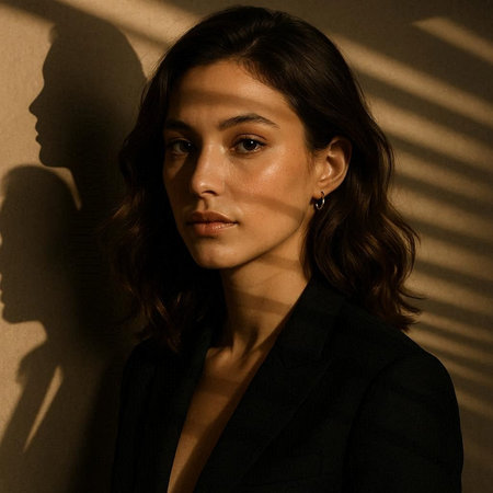 Portrait of a beautiful woman in a black suit with shadows on the wall