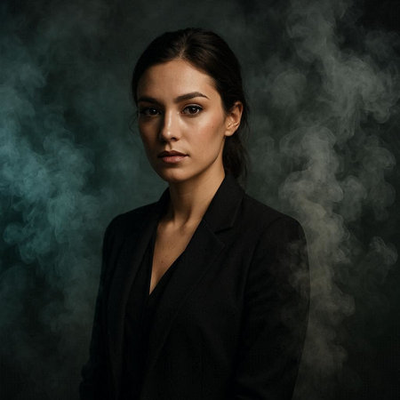 Portrait of a beautiful brunette woman in a black suit and smoke on a dark background