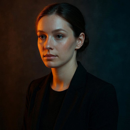 Portrait of a beautiful young woman in a black jacket on a dark backgroundの写真素材
