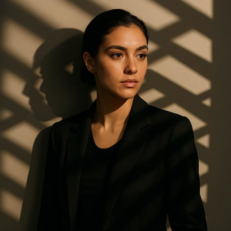 Portrait of a beautiful young woman in a black suit with shadows.