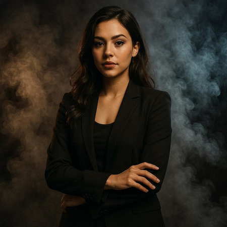 Portrait of a beautiful woman in a black suit on a black background