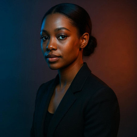 Portrait of a young african american woman in black suit.