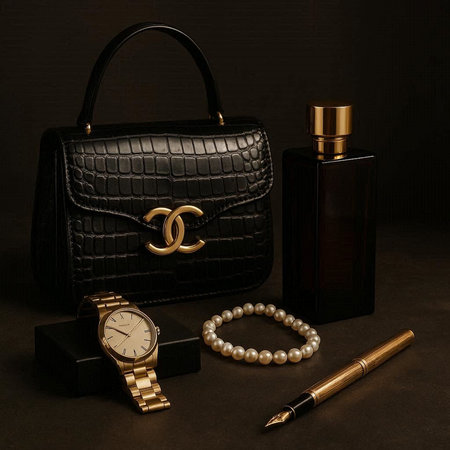 Luxury women's handbag, perfume, watches and pearls on a dark backgroundの写真素材
