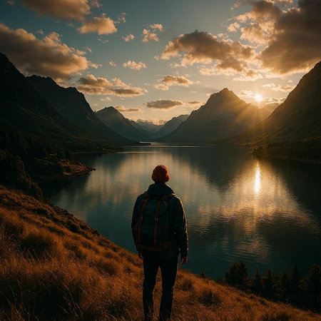 Hike in Glacier National Park, Montana, USA. Beautiful sunset over the lake.