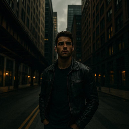 Handsome young man in a black leather jacket standing on a city street.
