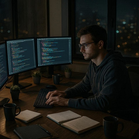 Side view of young man working on computer in dark office at night