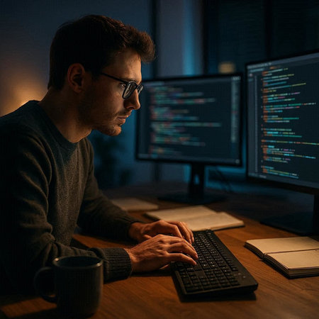 Serious programmer working on computer in dark office late at night.