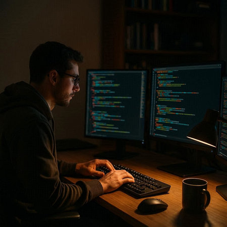 Programmer working late at night in front of a computer monitor.