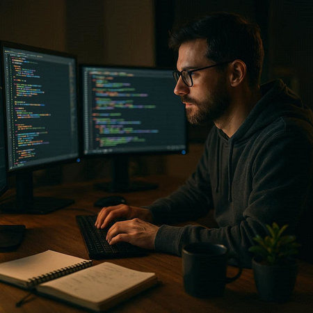Side view of a software developer working on a computer late at night