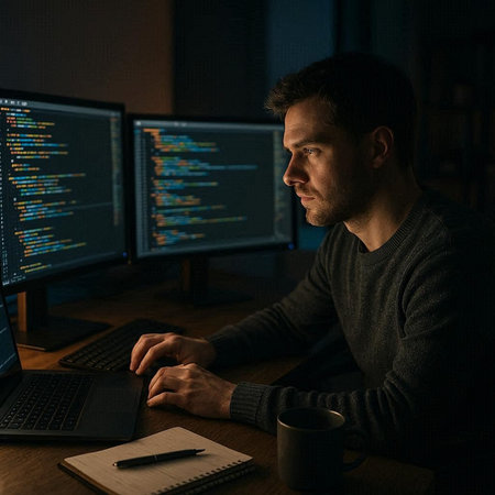 Side view of man working on computer late at night in dark office