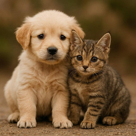 Golden Retriever puppy and tabby kitten sitting on the ground.