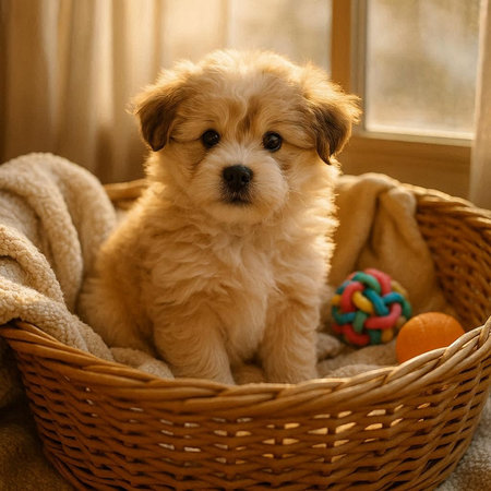 Cute puppy sitting in a wicker basket and playing with toys.