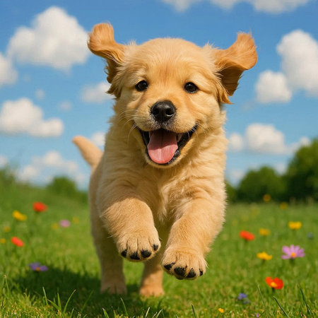 Cute Golden Retriever puppy running in the grass with flowersの写真素材