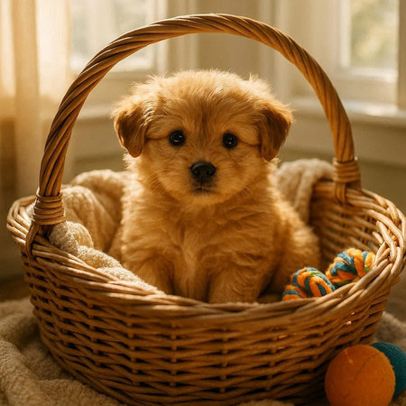 Cute Golden Retriever puppy in a wicker basket with balls of yarn.