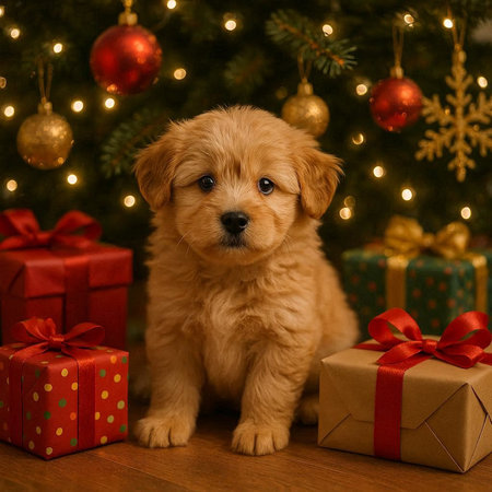 Cute Golden Retriever puppy with gift boxes on Christmas backgroundの写真素材