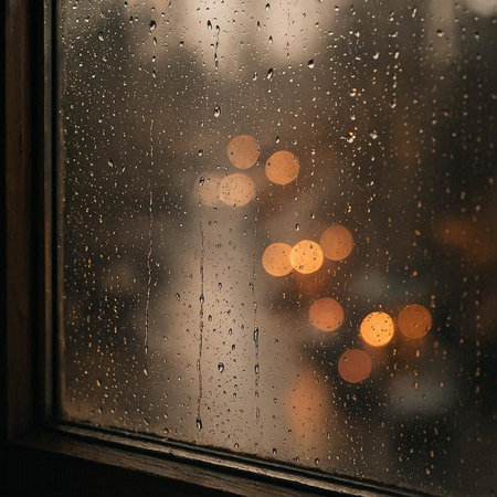 Rain drops on the window. Blurred bokeh background.