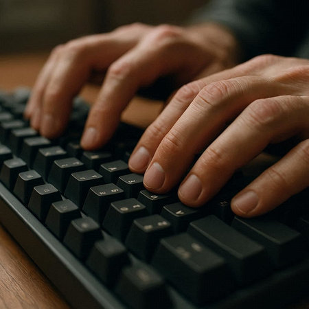 Close-up of male hands typing on computer keyboard. Hands typing on keyboard.