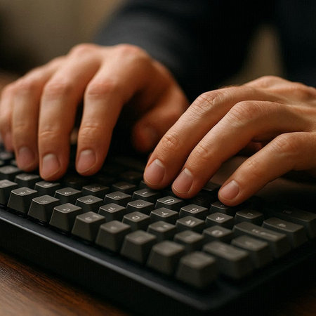 Close up of male hands typing on keyboard. Male hands typing on computer keyboard.