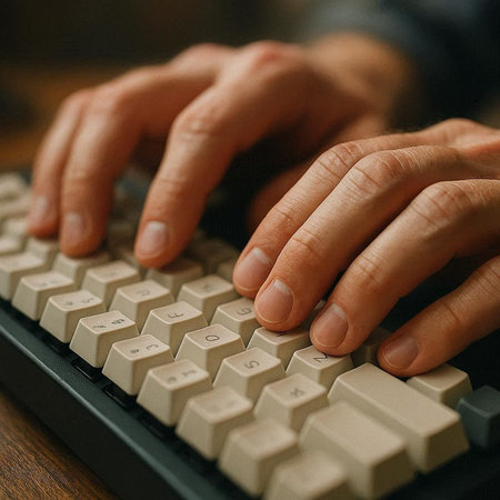 Close up of male hands typing on keyboard. Male hands typing on keyboard.