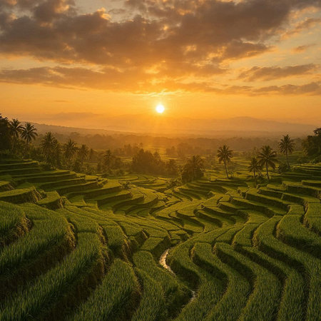 Rice terraces at sunset in Bali, Indonesia. Rice fields on terraced of Bali