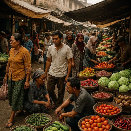 View of unknowns Nepali people selling vegetables at the street market in Kathmandu in the morning