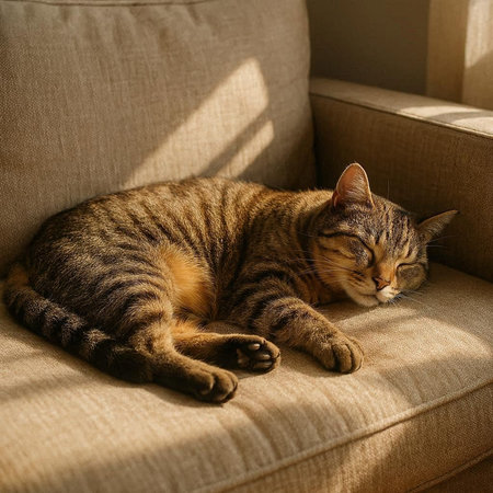 Cute tabby cat sleeping on sofa in sunlight. Selective focus.の写真素材
