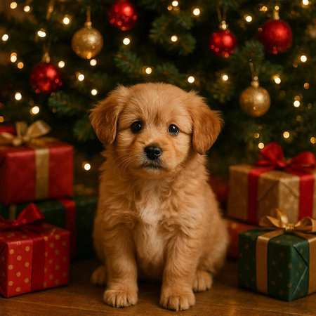 Cute Golden Retriever puppy near the Christmas tree with gifts