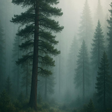 Foggy morning in the coniferous forest. Pine trees