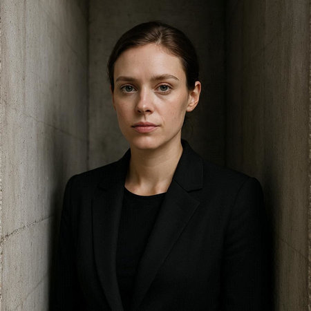 Portrait of a young business woman in a black suit against a wall