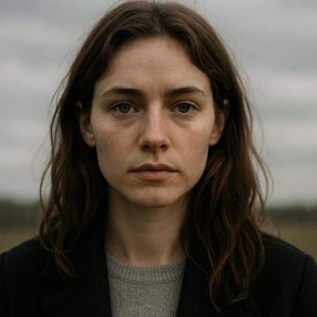 Portrait of a beautiful young woman with long brown hair in a coatの写真素材