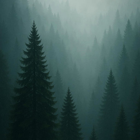 Foggy morning in the coniferous forest. Landscape.