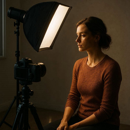 Portrait of a young woman in a photo studio looking at the cameraの写真素材