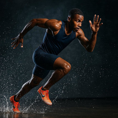 one african american man runner jogger running in studio on black background