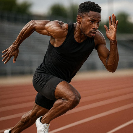 athletic african american man running and sprinting on athletic track