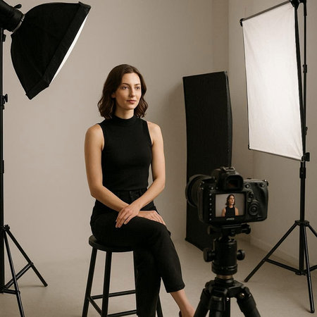 Attractive young woman in a black blouse and black pants posing in the studio.