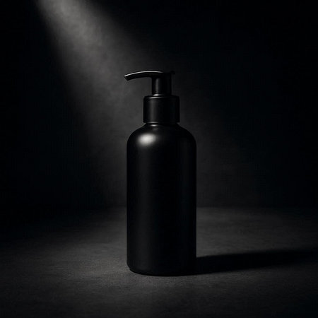 Black cosmetic bottle on black background. Mock up, 3D Renderingの写真素材