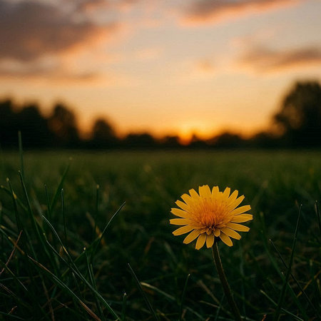 Yellow dandelion flower on a green meadow at sunset.の写真素材