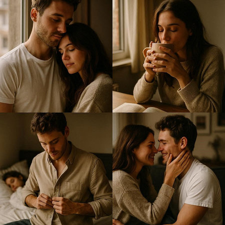 Collage of young couple in love looking at each other while drinking coffee at home