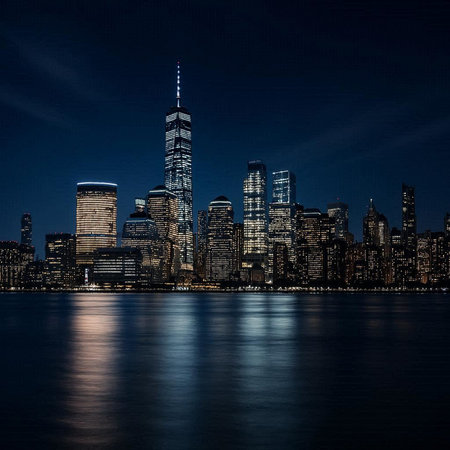 Manhattan Skyline at Night, New York City, USA.