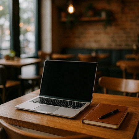 laptop with blank screen on wooden table in cafe, stock photo