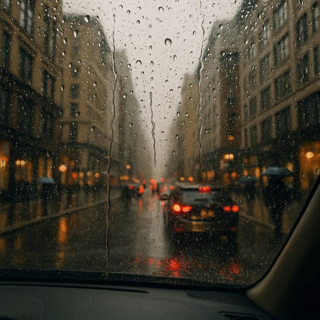 Rain drops on the car windshield. Rainy day in Paris, France
